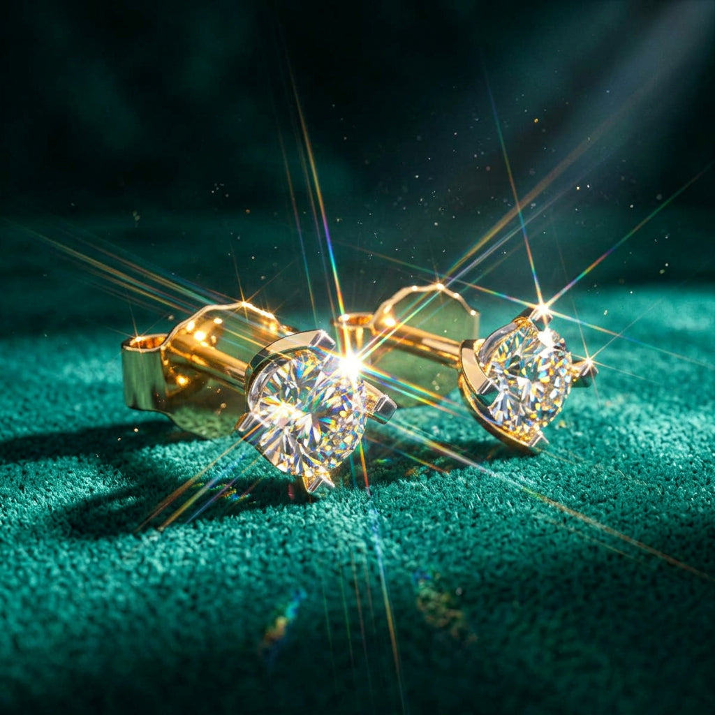 A pair of rose gold solitaire earrings with round diamonds.