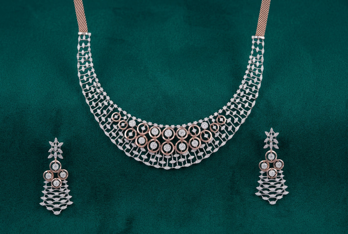A diamond necklace with a cluster design, featuring a series of interlinked circles with diamonds, set against a white background.