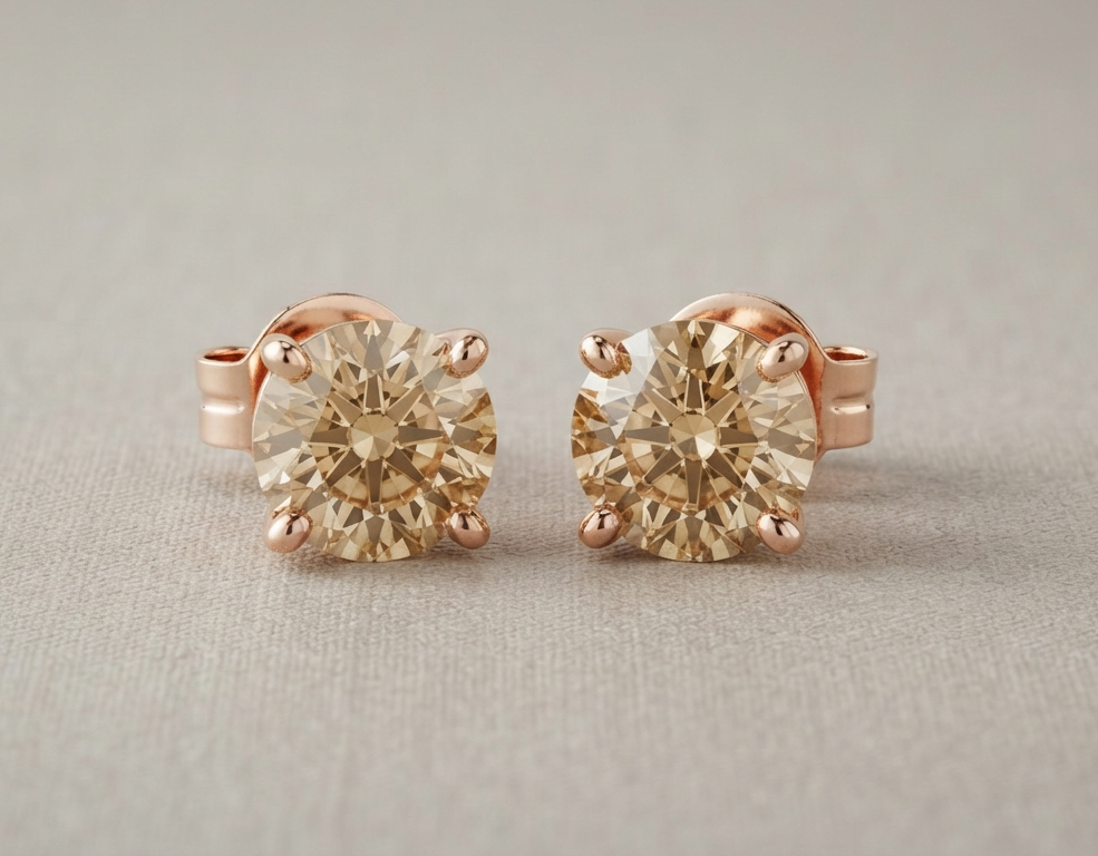 4ct Pair Champagne Diamond Solitaire Stud