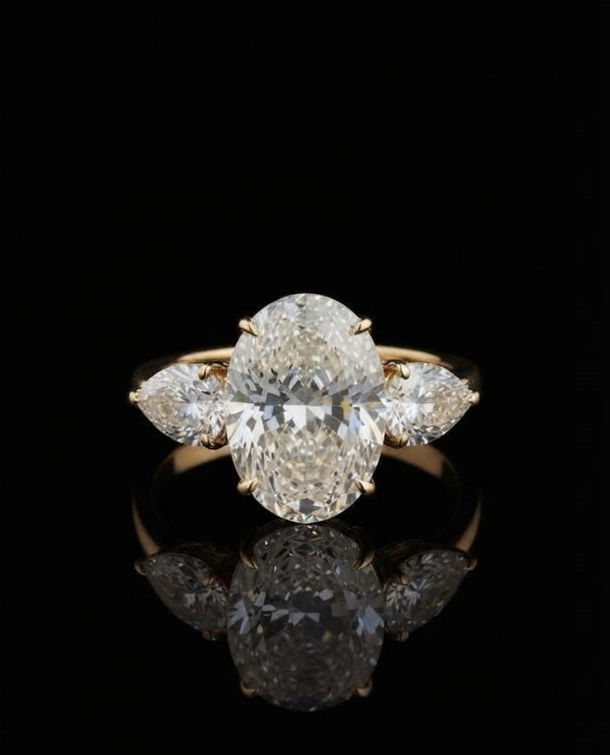 5 carat oval lab-grown diamond engagement ring with pear-shaped side stones set in yellow gold band.
