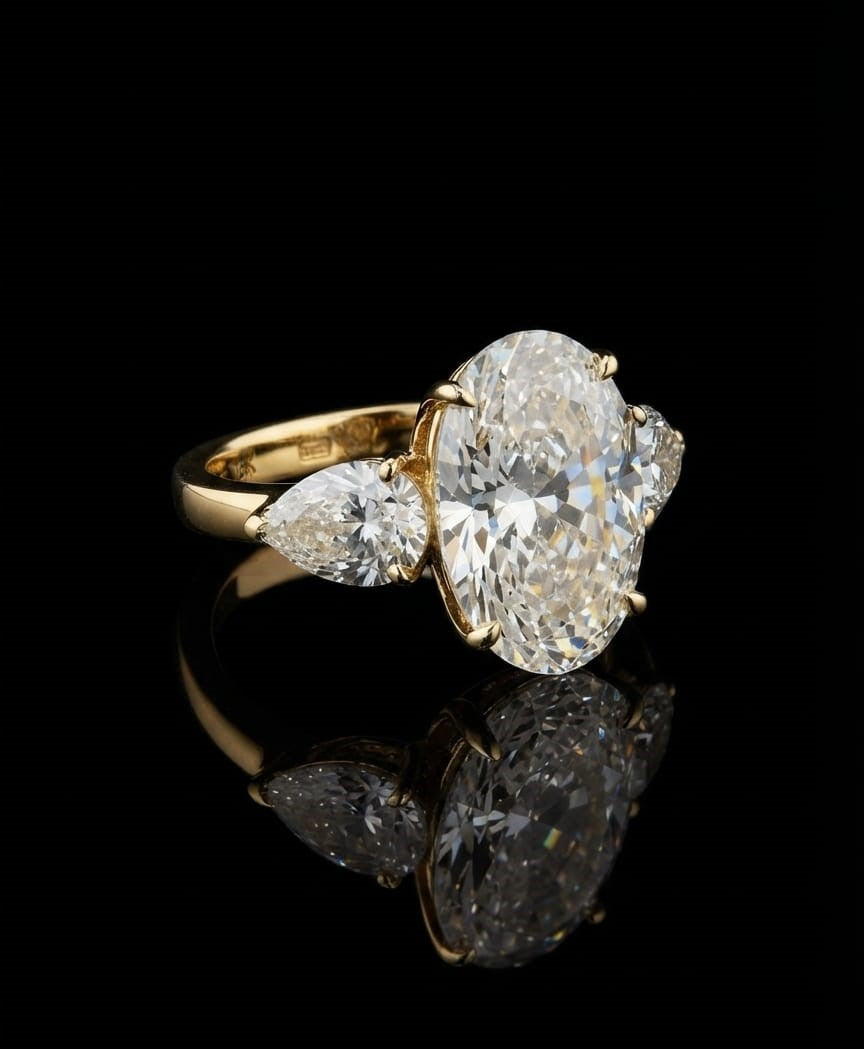 Discover our 5ct oval lab-grown diamond engagement ring featuring pear side stones set in 9k,14k & 18k yellow gold. Timeless, ethical luxury crafted for maximum brilliance. Shop now.