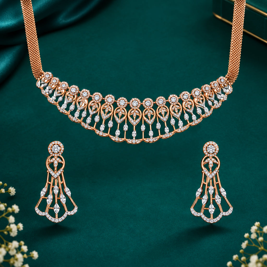 A necklace and earring set with intricate gold design, featuring diamond accents.