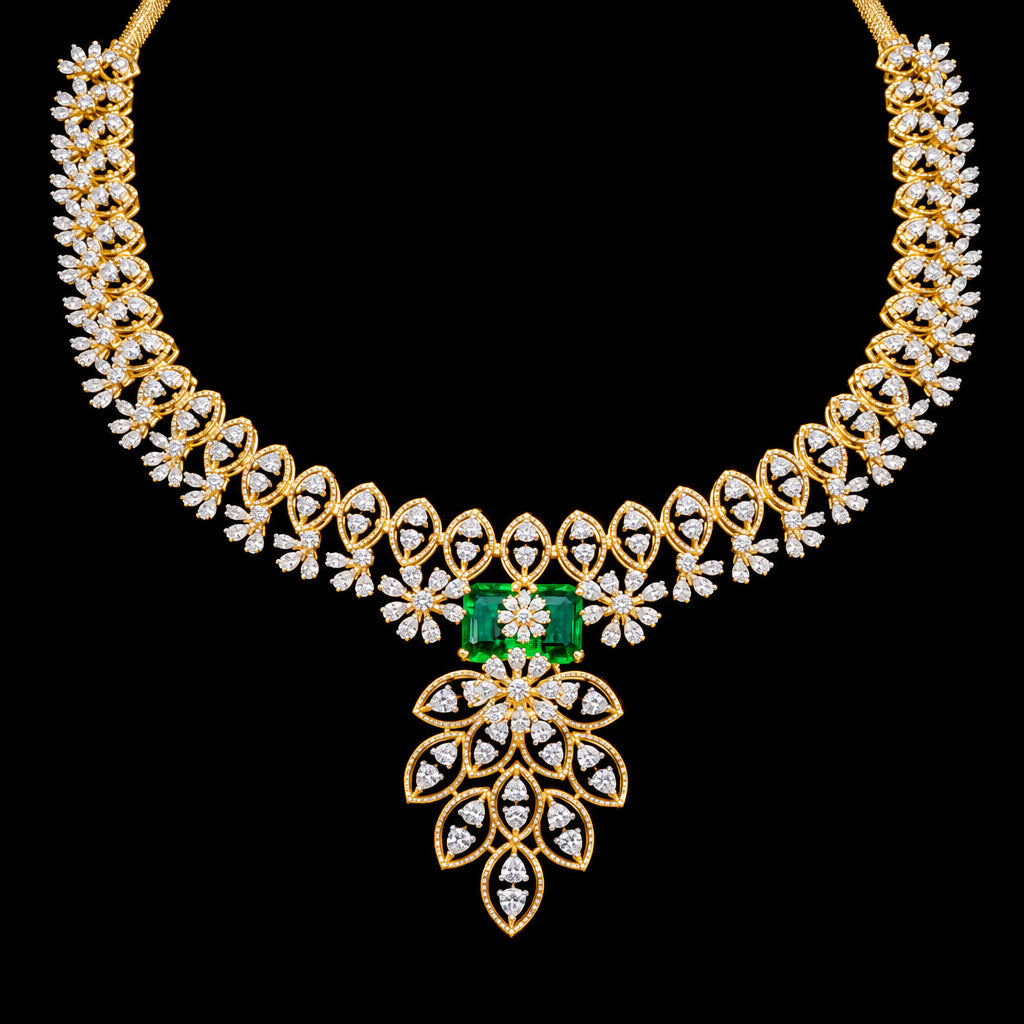 Gold filigree necklace with clear rhinestones on a black background.