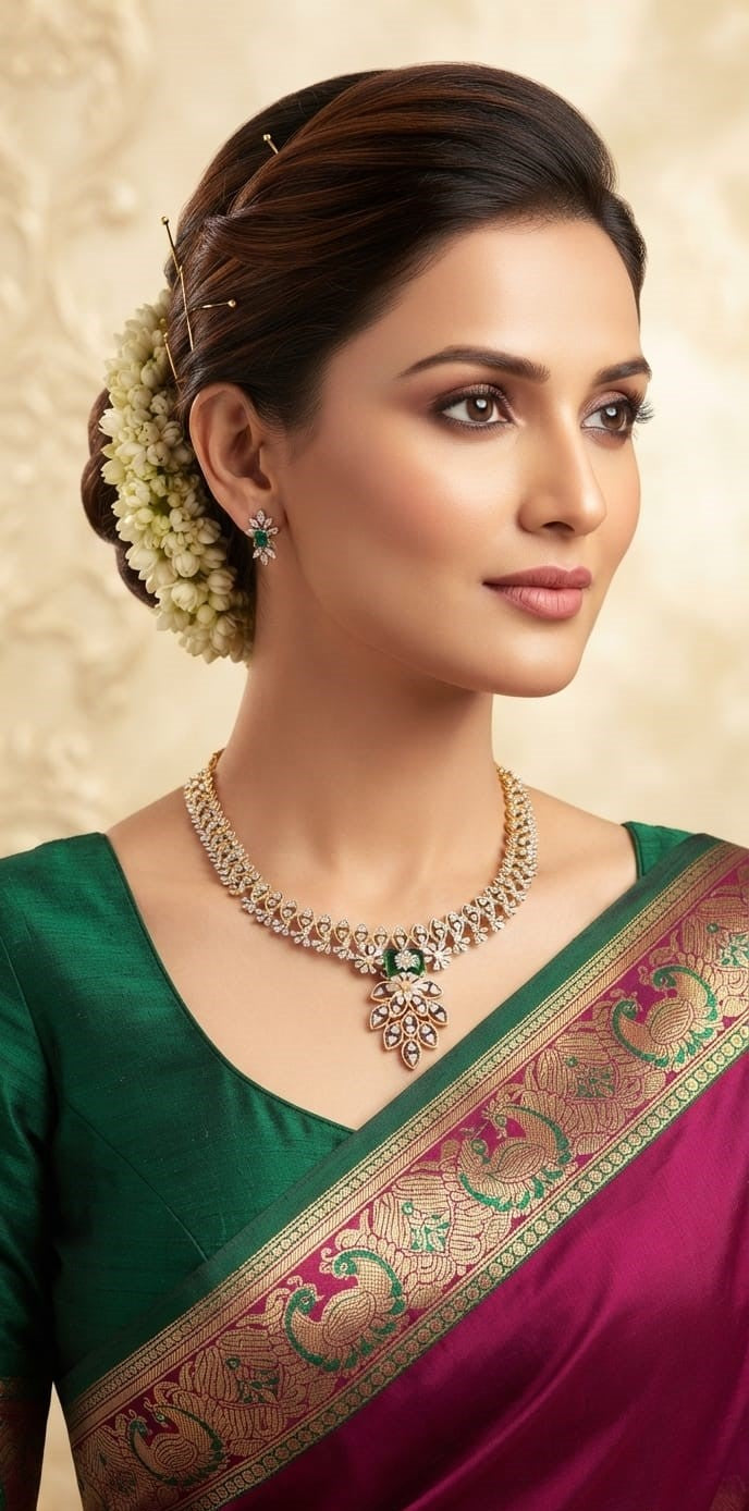 A woman wearing a green and magenta saree with a gold zari border, styled with a traditional Indian floral hair accessory and a matching gold and green statement necklace.