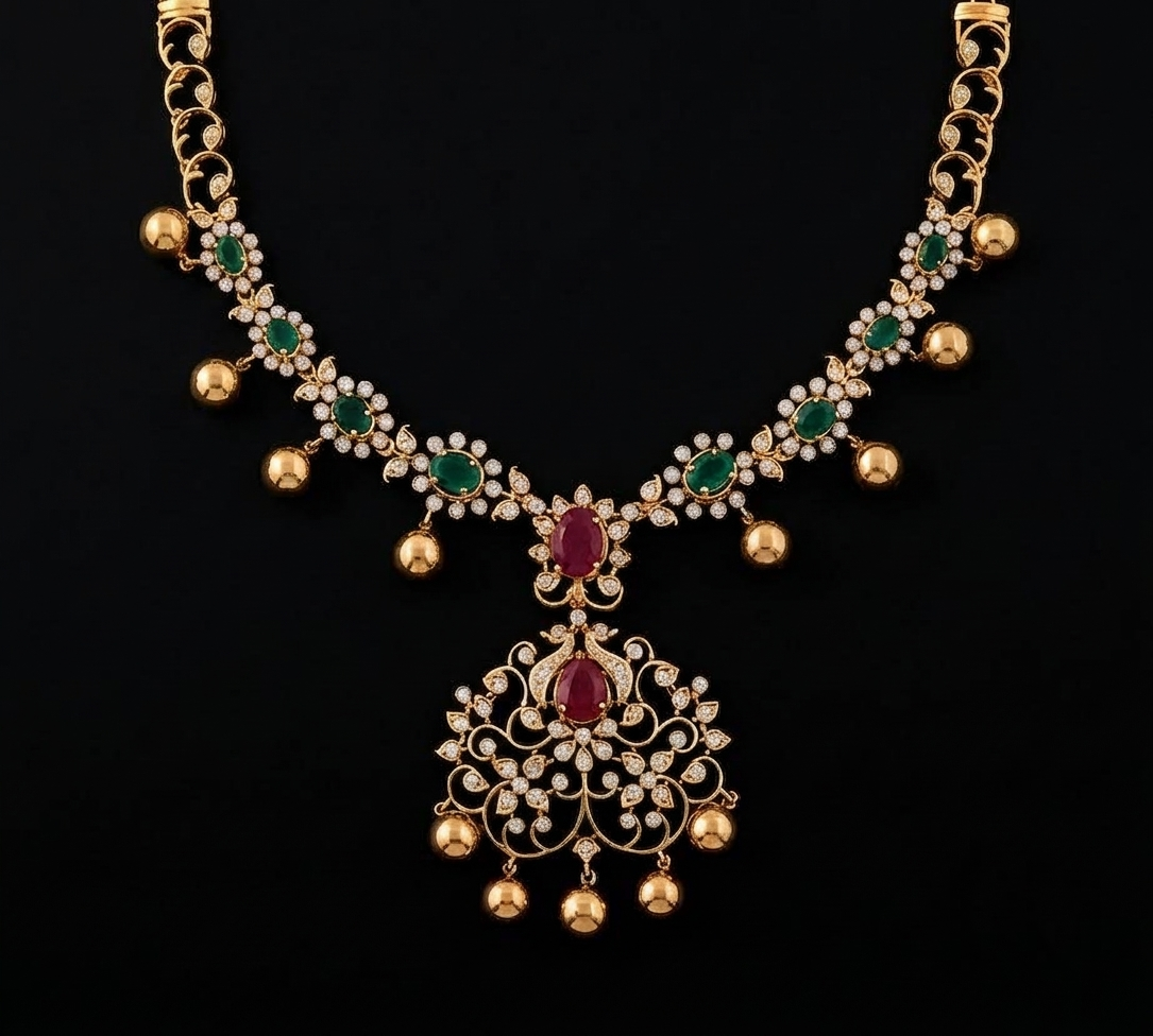 South Indian gold diamond haram necklace with starburst floral links and teardrop pendant on black background.