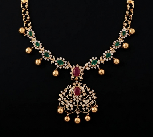 South Indian gold diamond haram necklace with starburst floral links and teardrop pendant on black background.