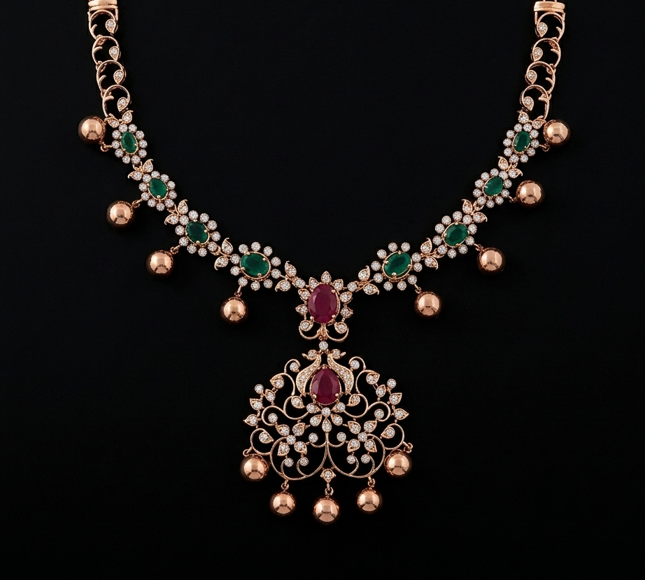 Traditional South Indian gold necklace featuring repeating star-shaped LAB GROWN DIAMOND clusters and a central teardrop pendant.