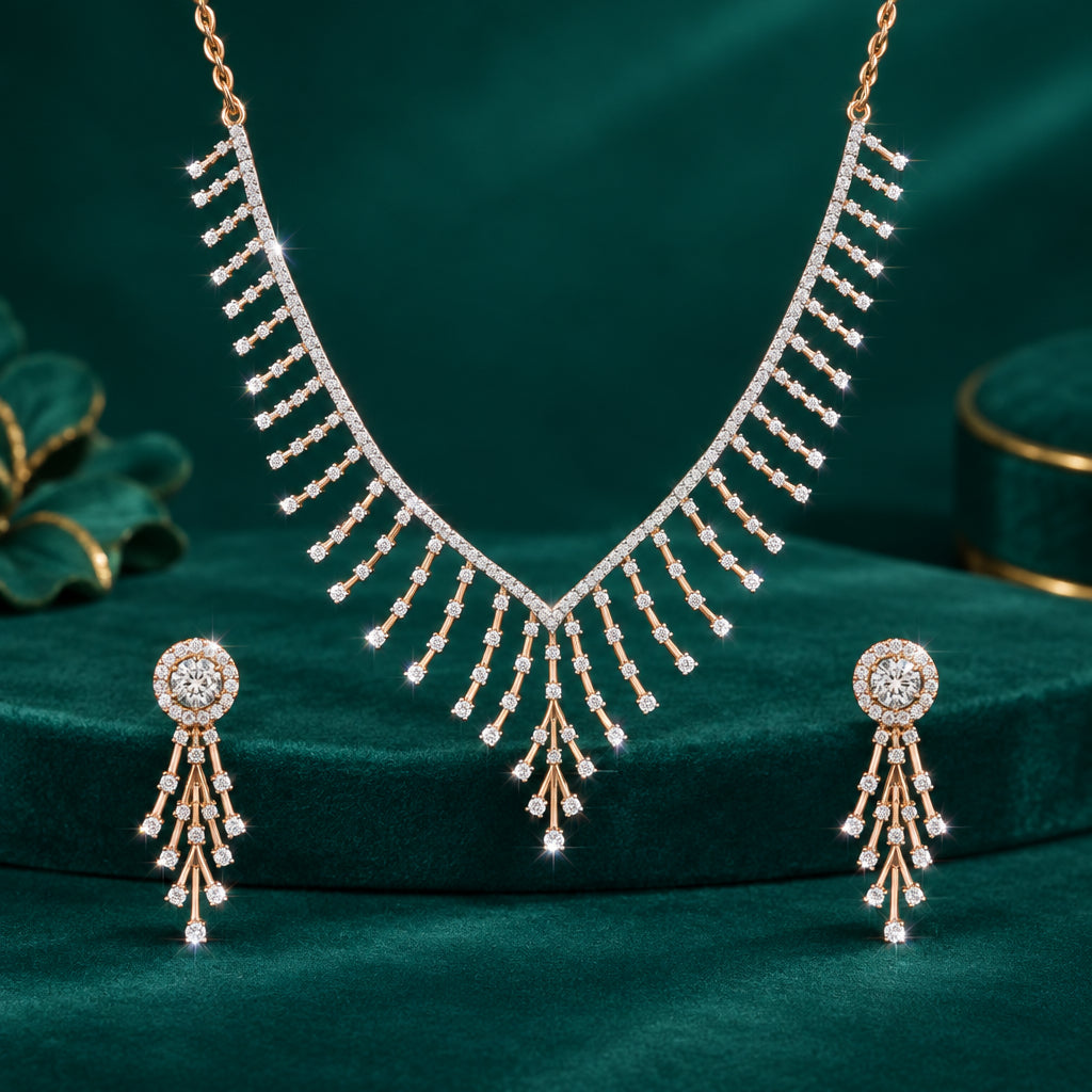 A necklace and earring set with a delicate design, featuring a main necklace with a V-shaped design and smaller earring counterparts, all adorned with sparkling diamonds.