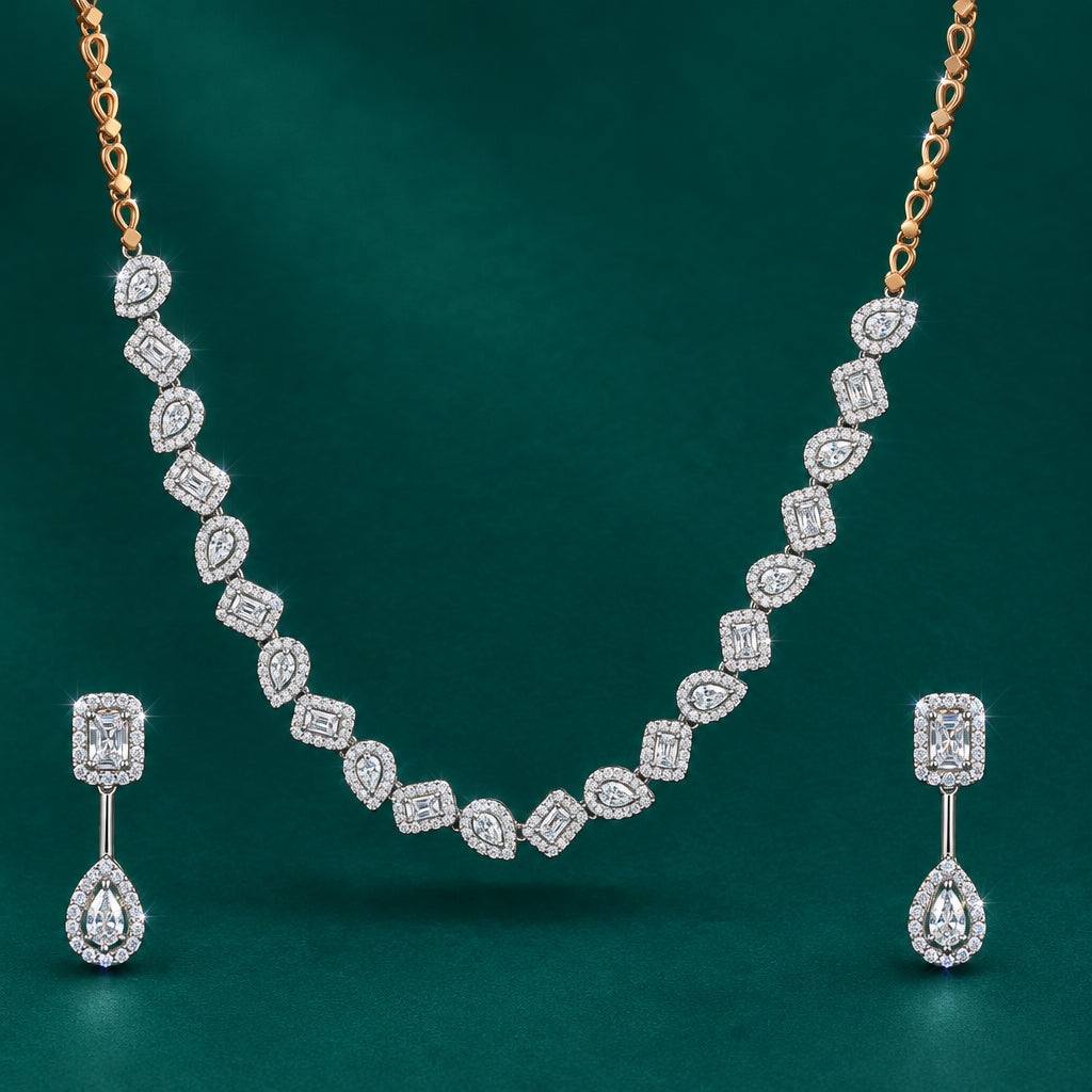 A diamond necklace with a series of interlinked heart-shaped pendants on a white background.