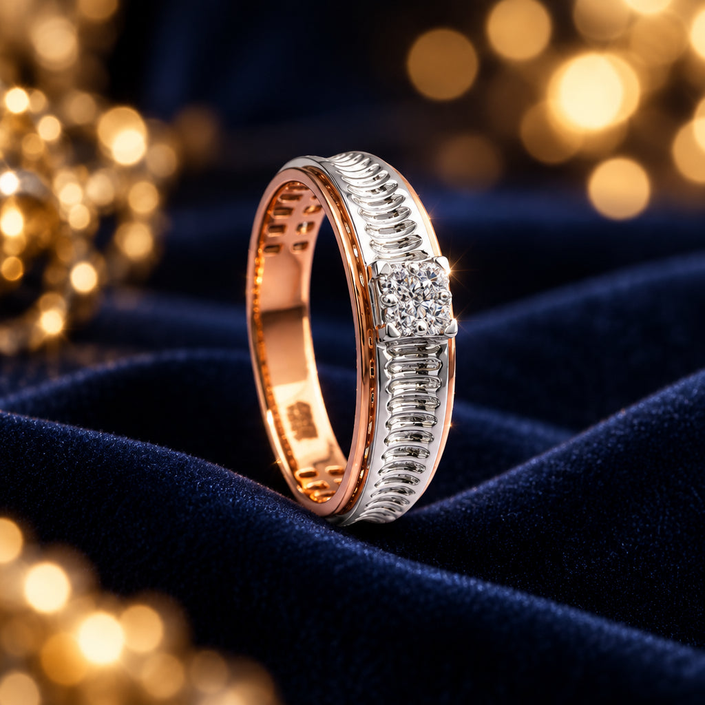 A gentss' ring with a gold band featuring textured details and adorned with diamonds.