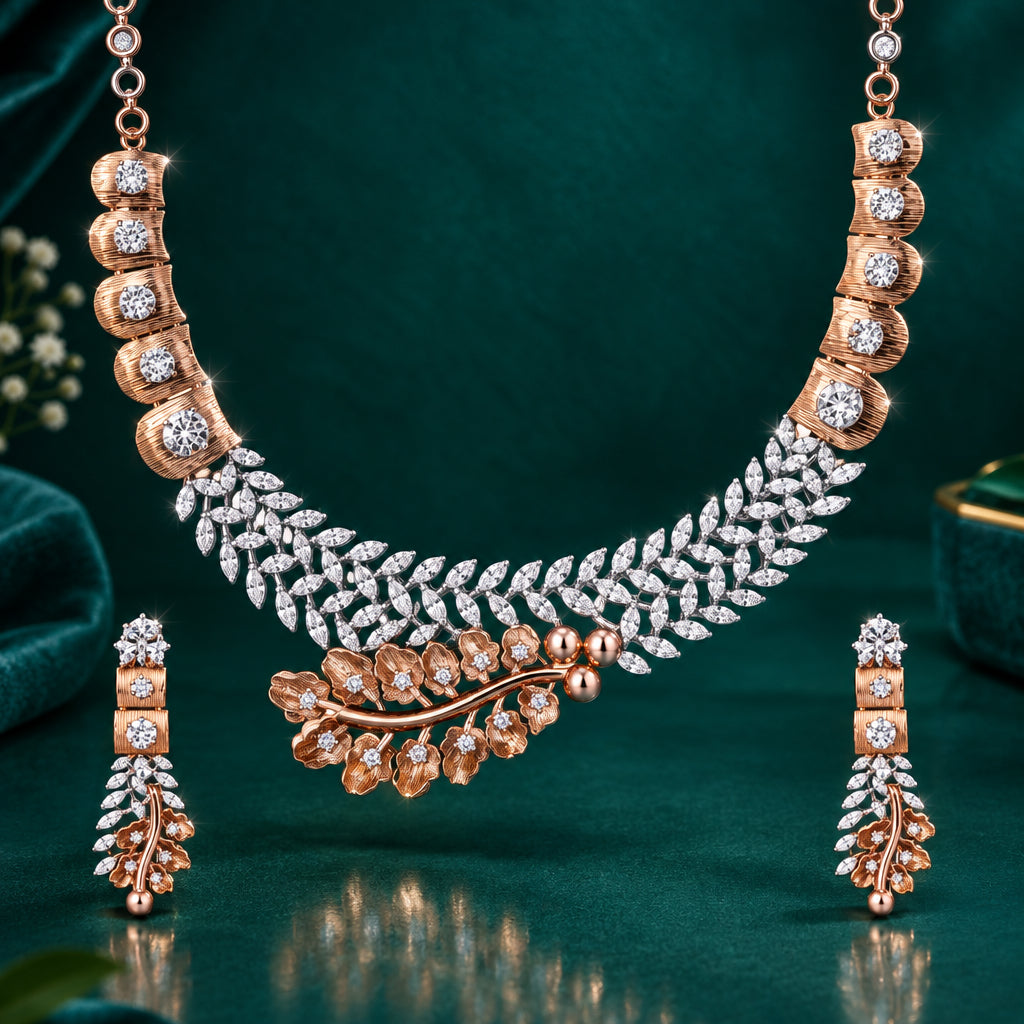 A necklace and earring set with a floral design, featuring a mix of gold and silver colors, adorned with diamonds.