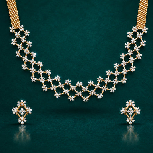 An image showcasing a diamond necklace and earrings set, with the necklace featuring a linked chain design and the earrings in a hoop design with diamond accents.