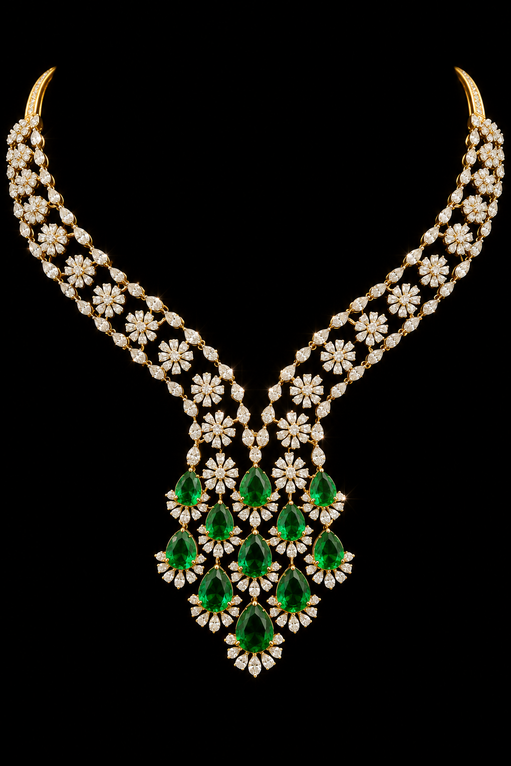 An ornate gold necklace with a large pendant, featuring green emerald-cut gemstones and diamond-like clear stones, set against a solid black background.