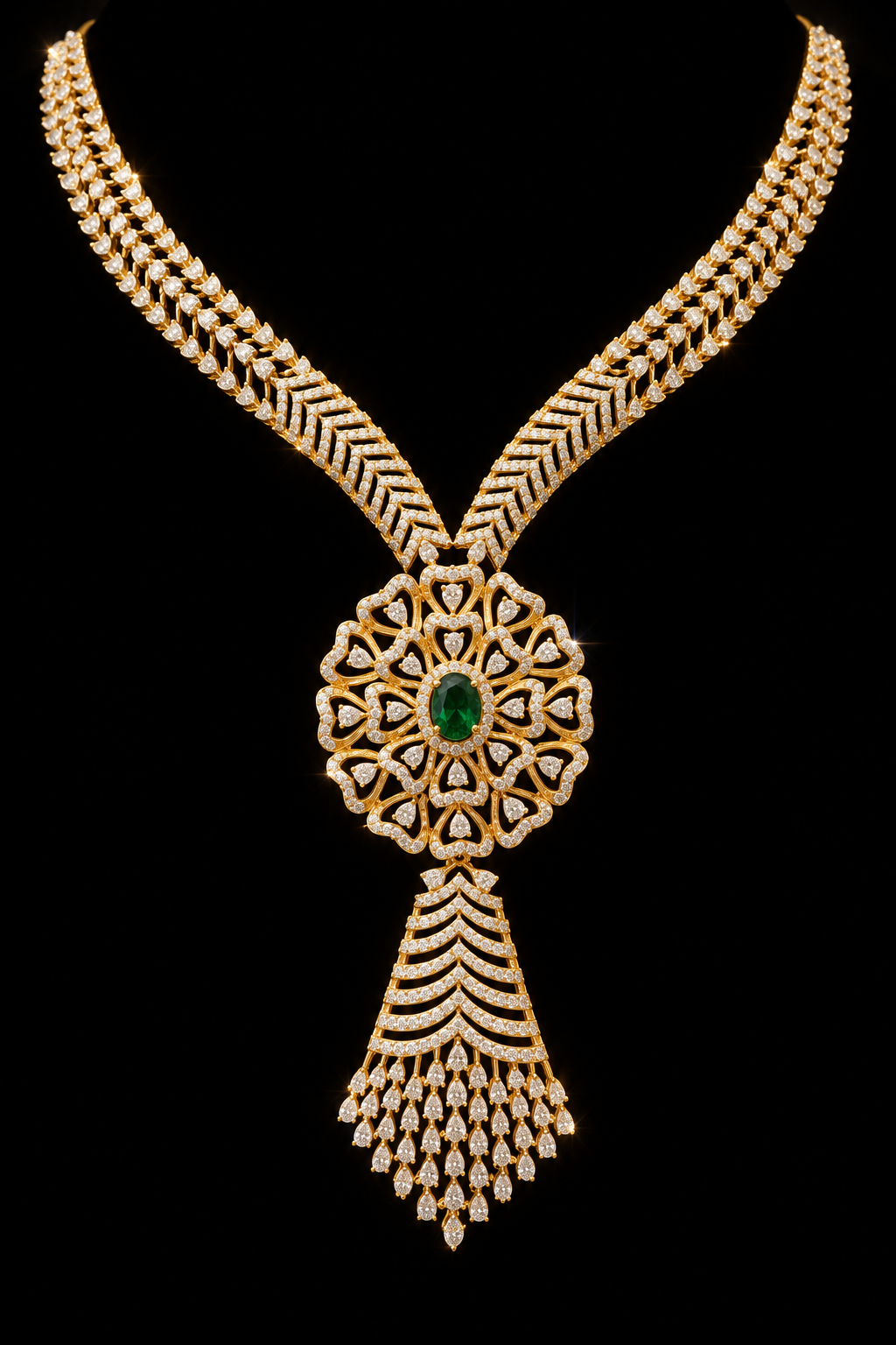 An ornate 18k gold necklace with a wide, patterned chain and a large central medallion set with a green oval stone and numerous clear stones, shown against a solid black background.