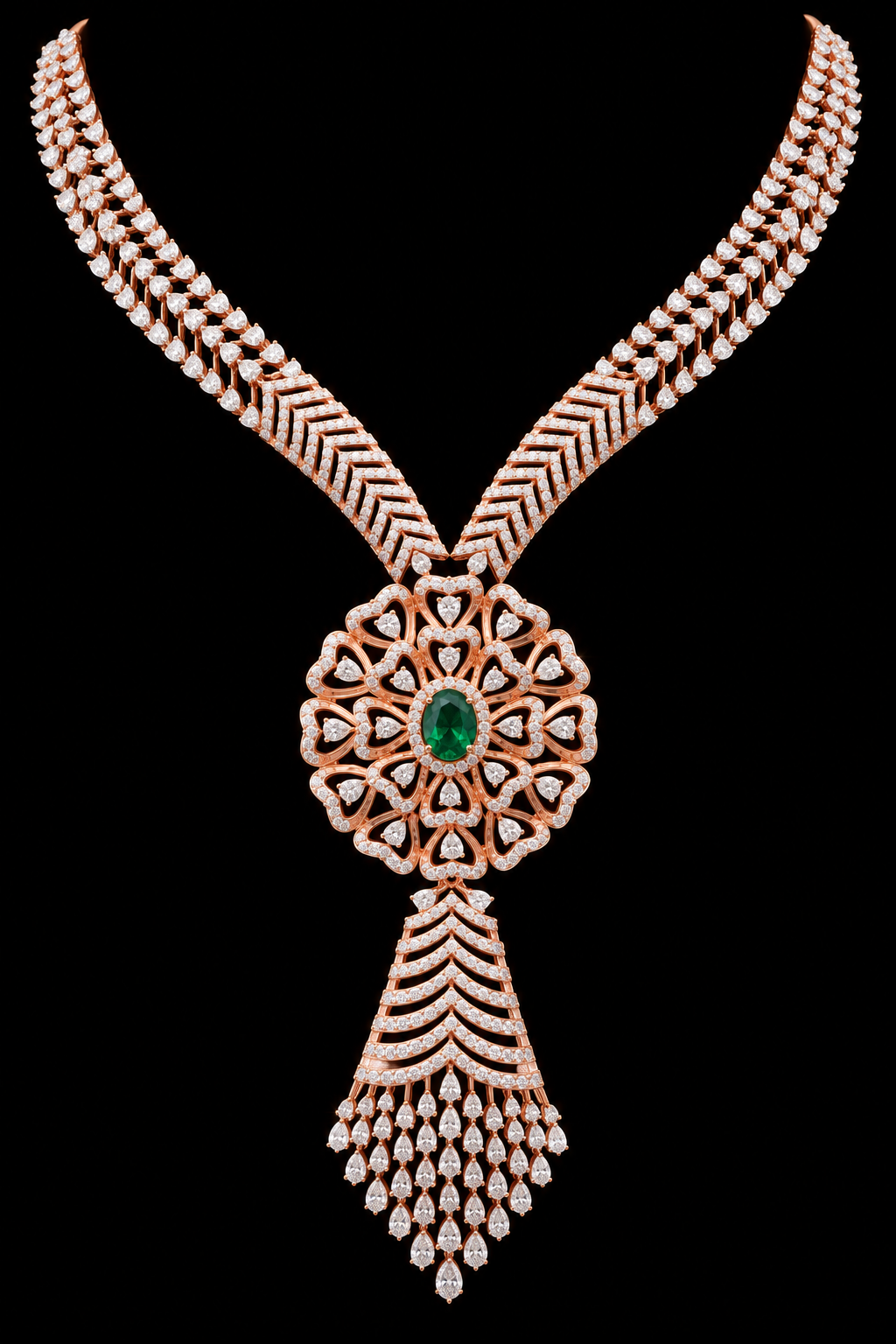 An ornate rose gold necklace with intricate diamond pavé detailing and a central green emerald, displayed against a solid black background.
