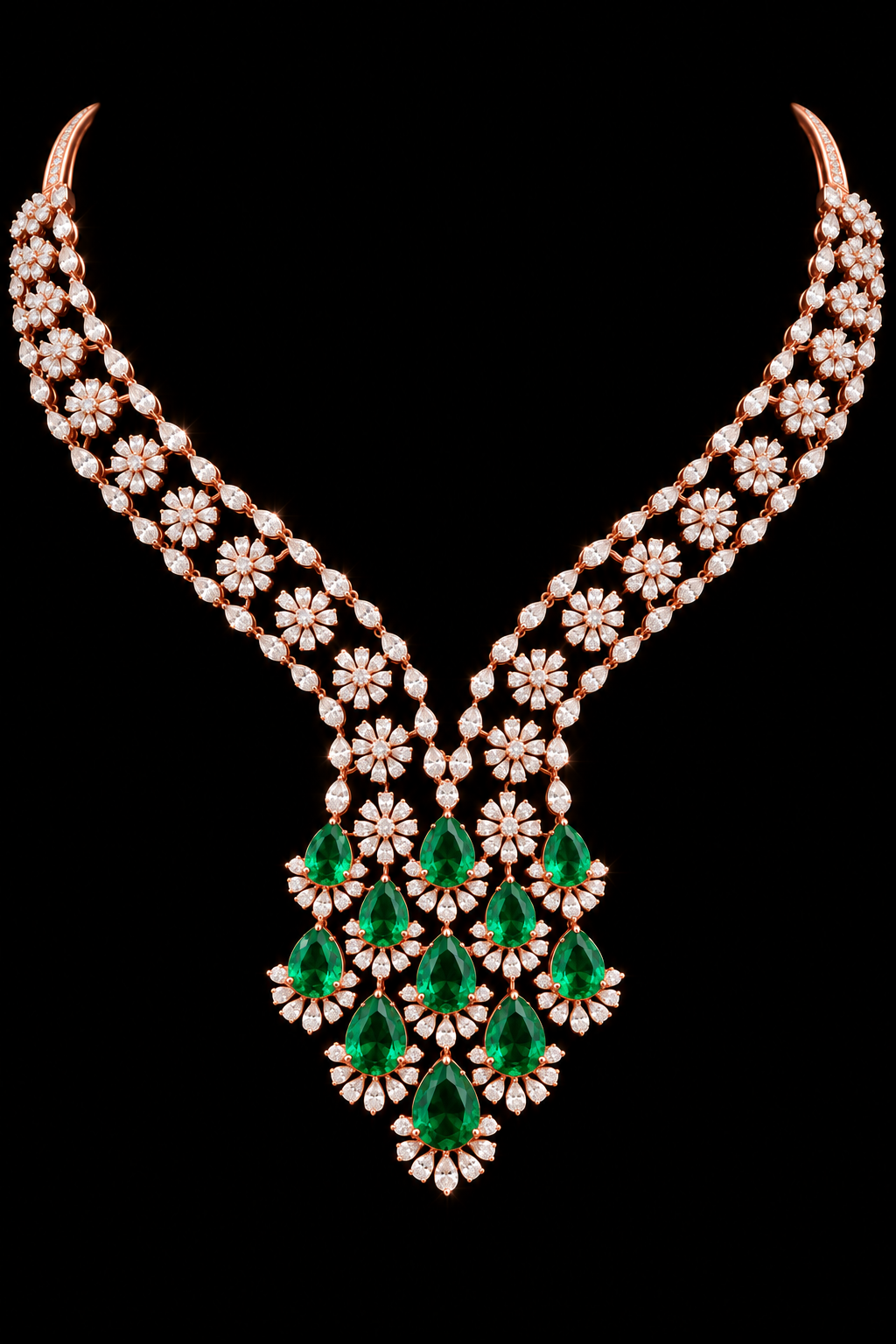 A yellow gold necklace featuring a symmetrical design with rows of clear pavé-set stones and a central cluster of green emerald-cut and round-cut green gemstones, presented on a solid black background.