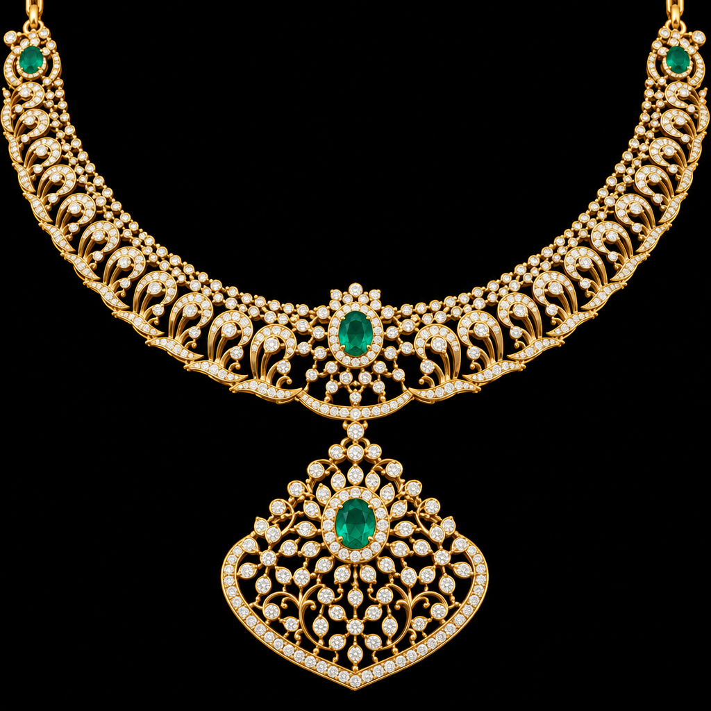 An ornate rose gold necklace with intricate pavé detailing and green emerald-cut gemstones, displayed on a solid black background.
