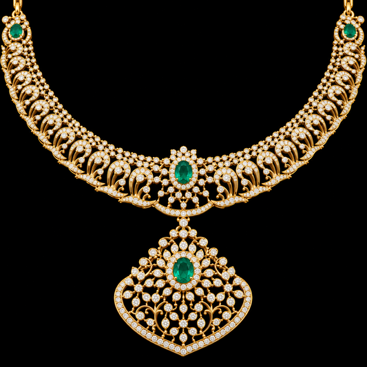 An ornate rose gold necklace with intricate pavé detailing and green emerald-cut gemstones, displayed on a solid black background.