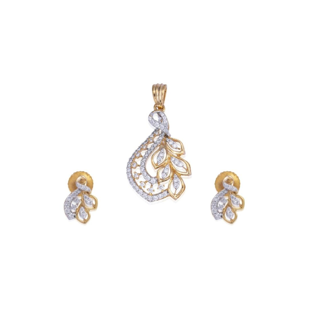 Gleaming Leaf Diamond Pendant Earring Set