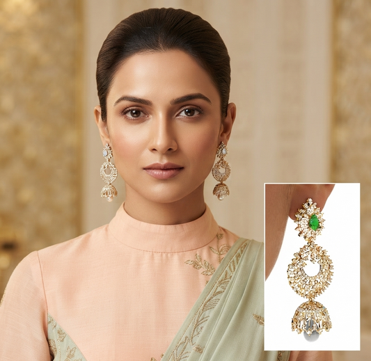Luxurious Diamond Cluster and Pearl Jhumka