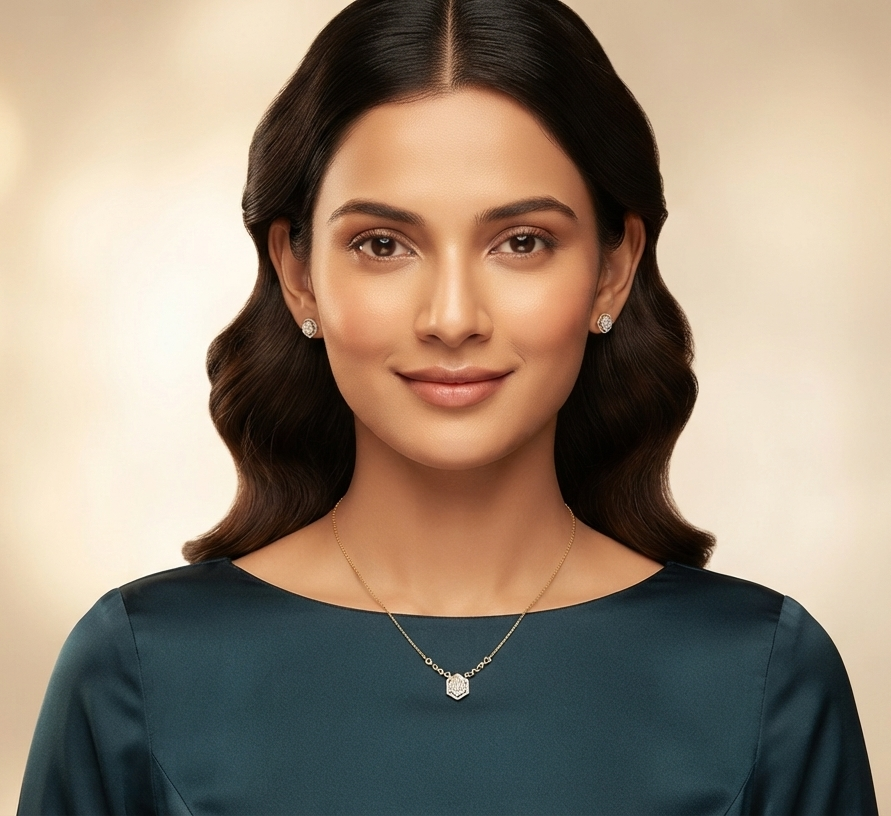 Hexagon Diamond Pendant Chain Set