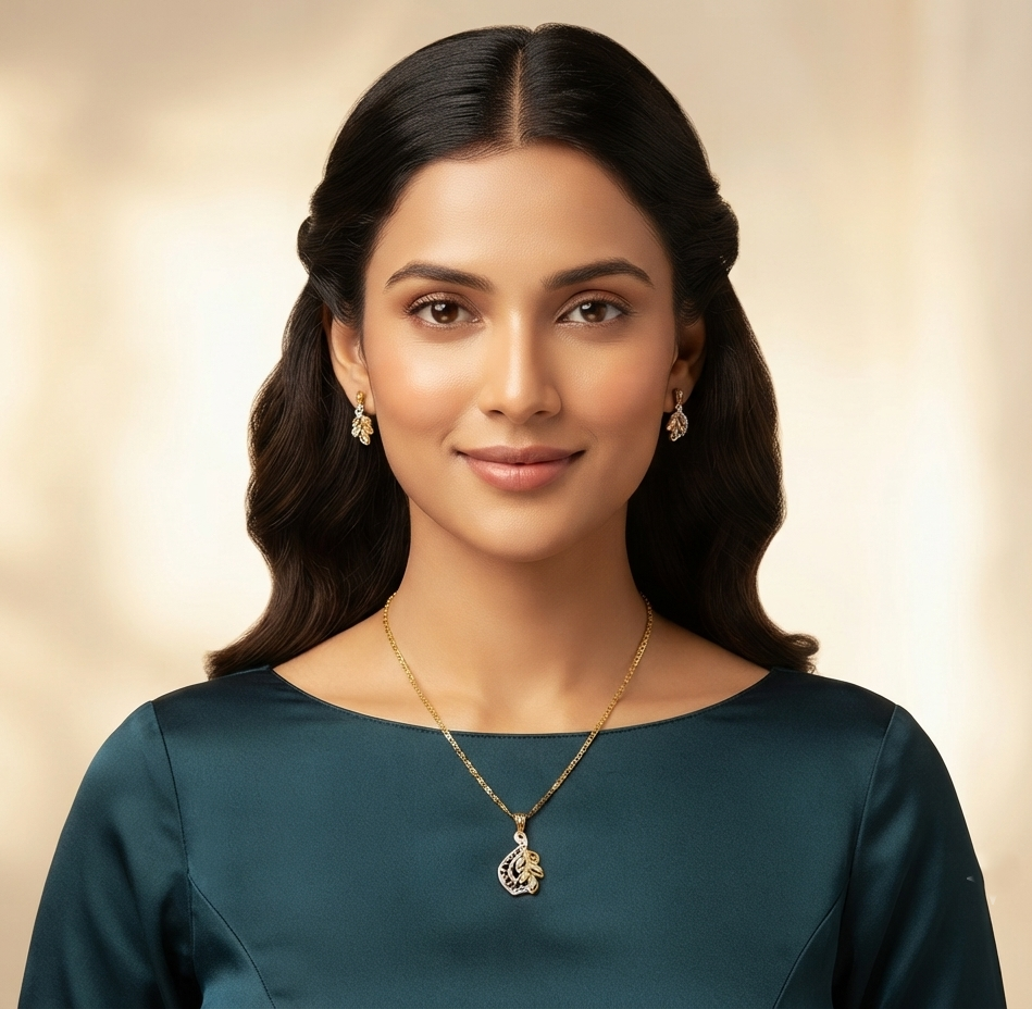 Gleaming Leaf Diamond Pendant Earring Set