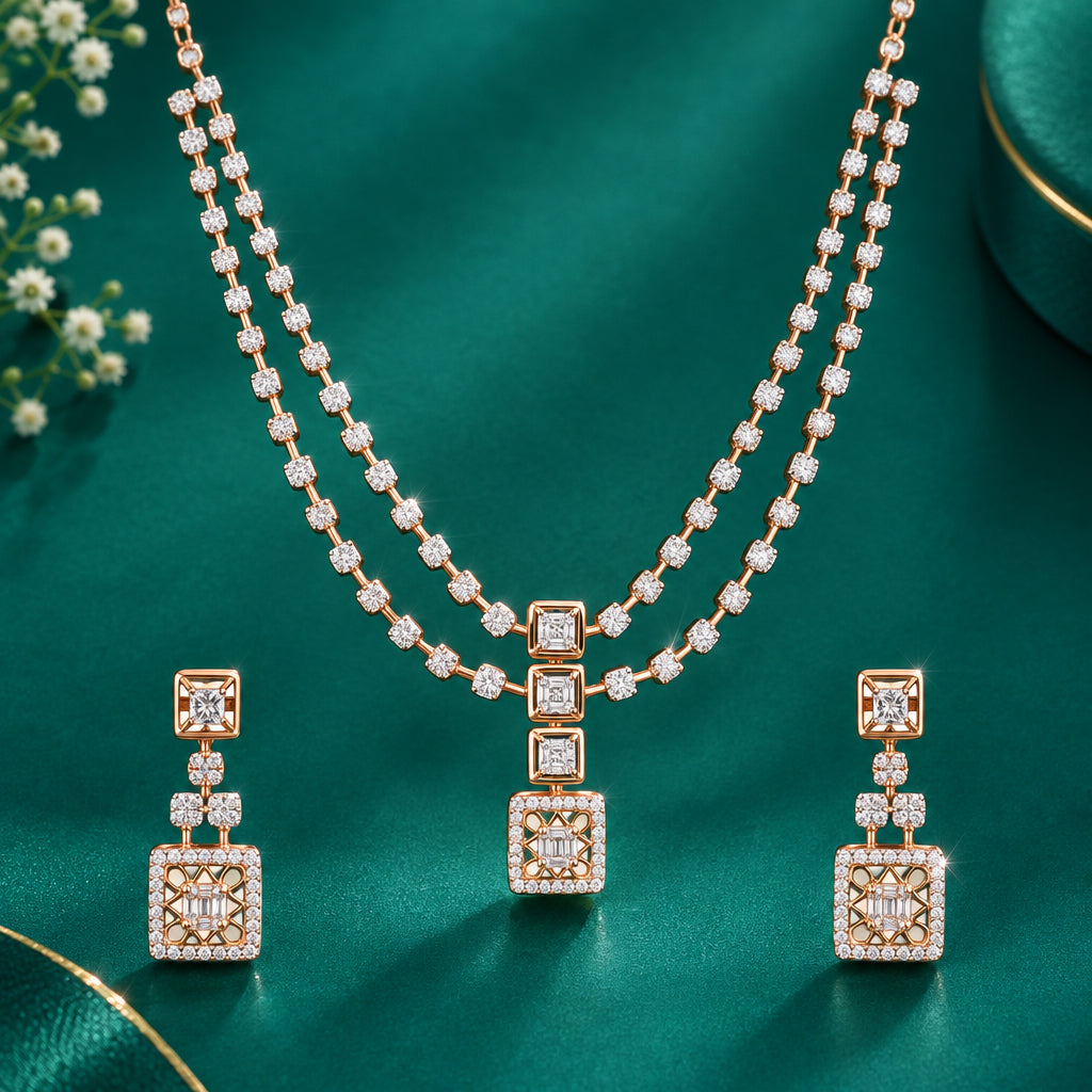 A necklace and earring set with gold and diamond accents, featuring a series of square and round diamond enclosures.