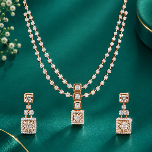 A necklace and earring set with gold and diamond accents, featuring a series of square and round diamond enclosures.
