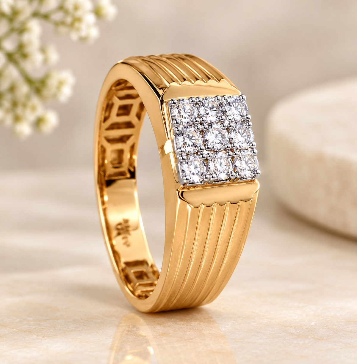 Yellow Gold Ring for men studded in lab grown diamond 