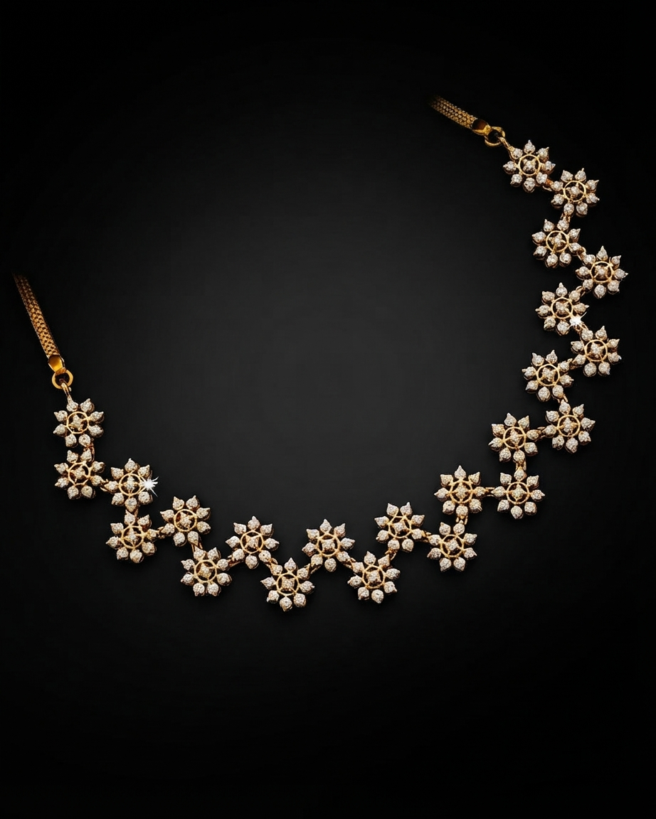 Lab-grown diamond 18kt yellow gold floral motif necklace in a traditional South Indian design.