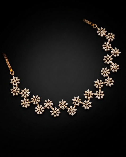 Lab-grown diamond 18kt yellow gold floral motif necklace in a traditional South Indian design.