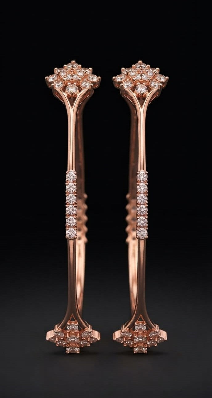 gold lab grown diamond open-style lotus cluster vala bangles for South Indian wedding and bridal jewelry collection.