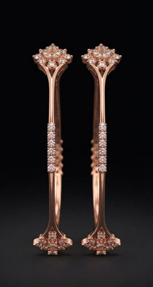 gold lab grown diamond open-style lotus cluster vala bangles for South Indian wedding and bridal jewelry collection.
