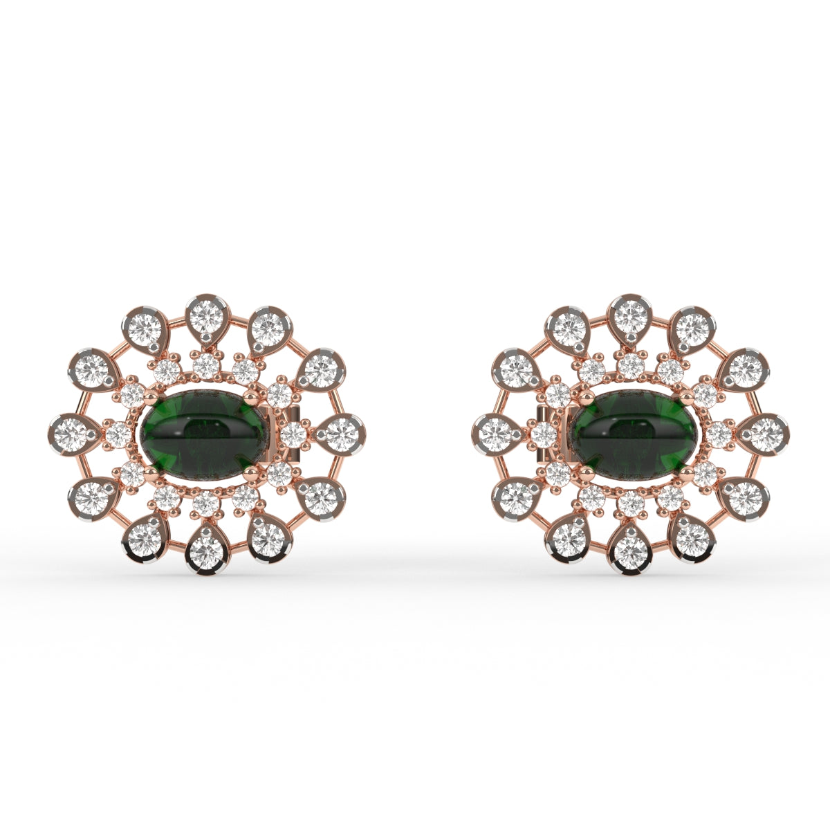 Elegant Emerald Oval Double Halo Studs Earrings