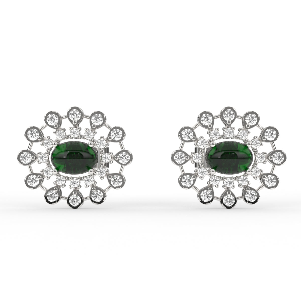 Elegant Emerald Oval Double Halo Studs Earrings