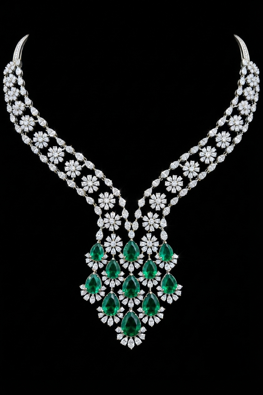 A luxury diamond and emerald necklace with a silver-toned setting, featuring a V-shaped collar of diamonds and a central pendant with pear-cut green emeralds and surrounding round diamonds, set against a solid black background.