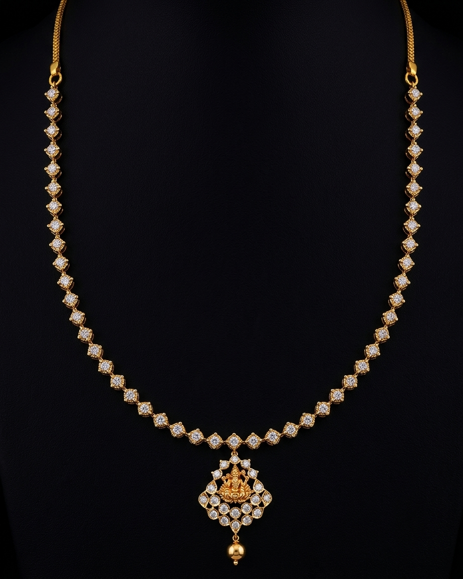 Lab grown diamond necklace with a detailed pendant featuring a seated deity motif, surrounded by clear stones, displayed on a black background.
