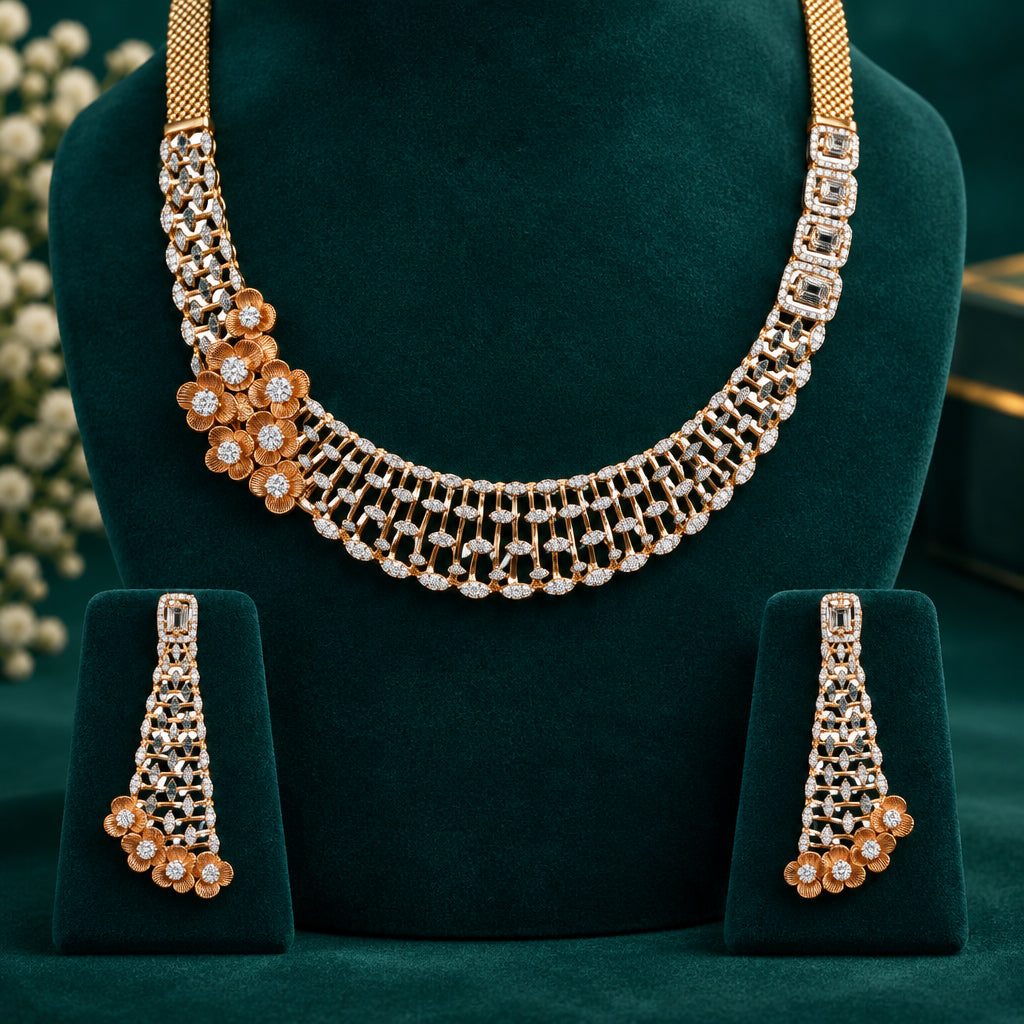 A necklace and earring set with a geometric pattern, featuring clear glass stones and brown accents.