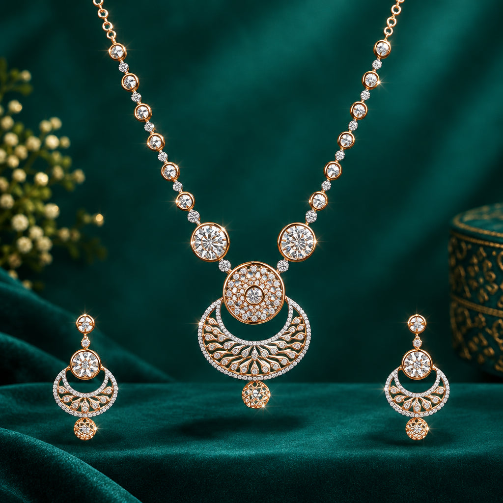 A necklace and earring set with intricate designs, featuring gold and diamond accents.