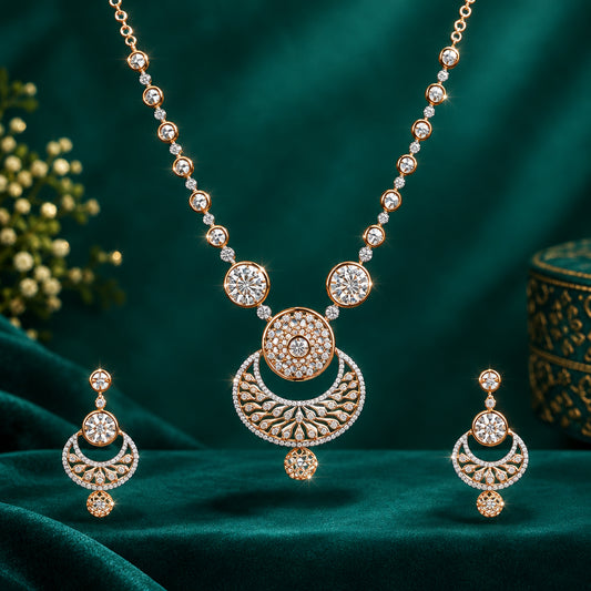 A necklace and earring set with intricate designs, featuring gold and diamond accents.