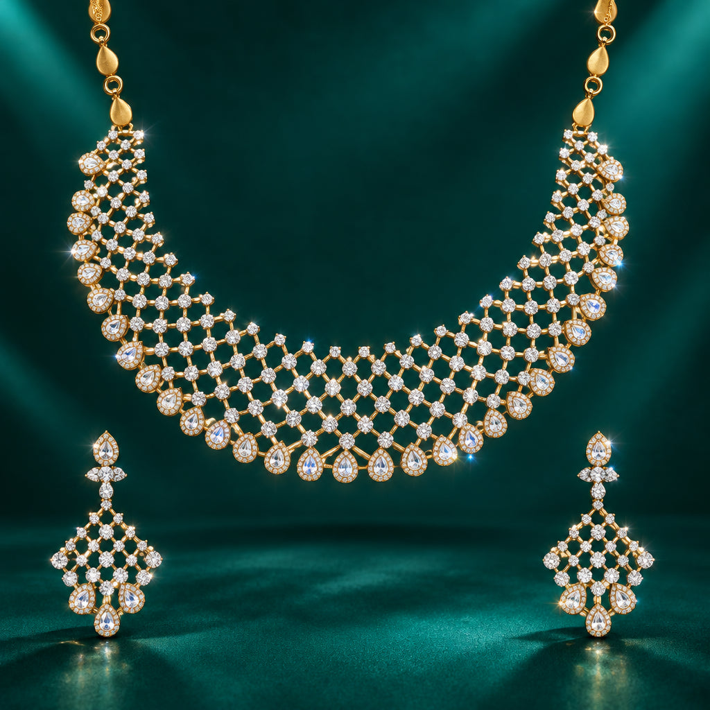 A luxurious diamond necklace and earring set with intricate designs, showcasing multiple carats of diamond jewelry.