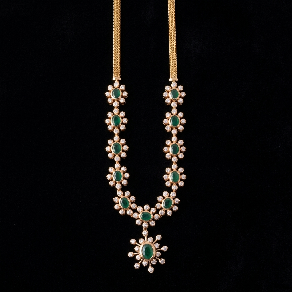 A South Indian gold haram necklace displayed on a black background. The lower portion of the chain consists of repeating flower-shaped clusters, each featuring an oval green emerald surrounded by clear stone petals. The center ends in a matching floral cluster leading down to a dangling floral starburst pendant with an emerald core