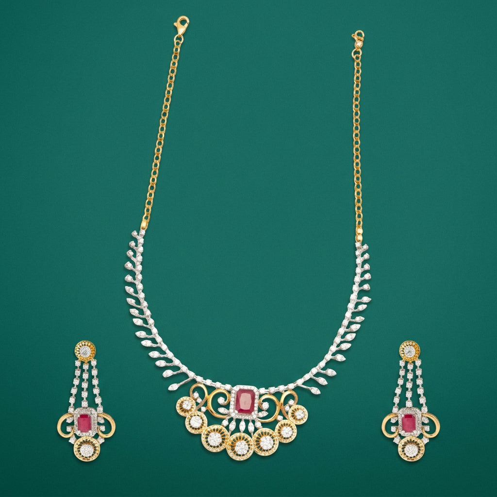 A gold-colored necklace with white and red gemstone pendants, designed for brides-to-be.