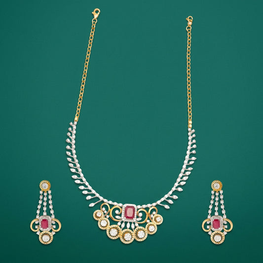 A gold-colored necklace with white and red gemstone pendants, designed for brides-to-be.
