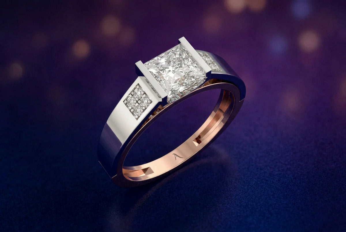 A princess diamond men's ring with gold and diamond accents on a white background