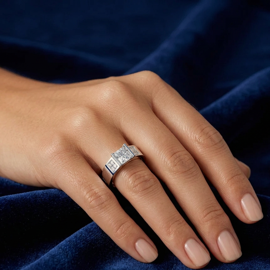 A close-up of a hand wearing a silver-toned ring with rectangular clear gemstones, resting on soft beige fabric.