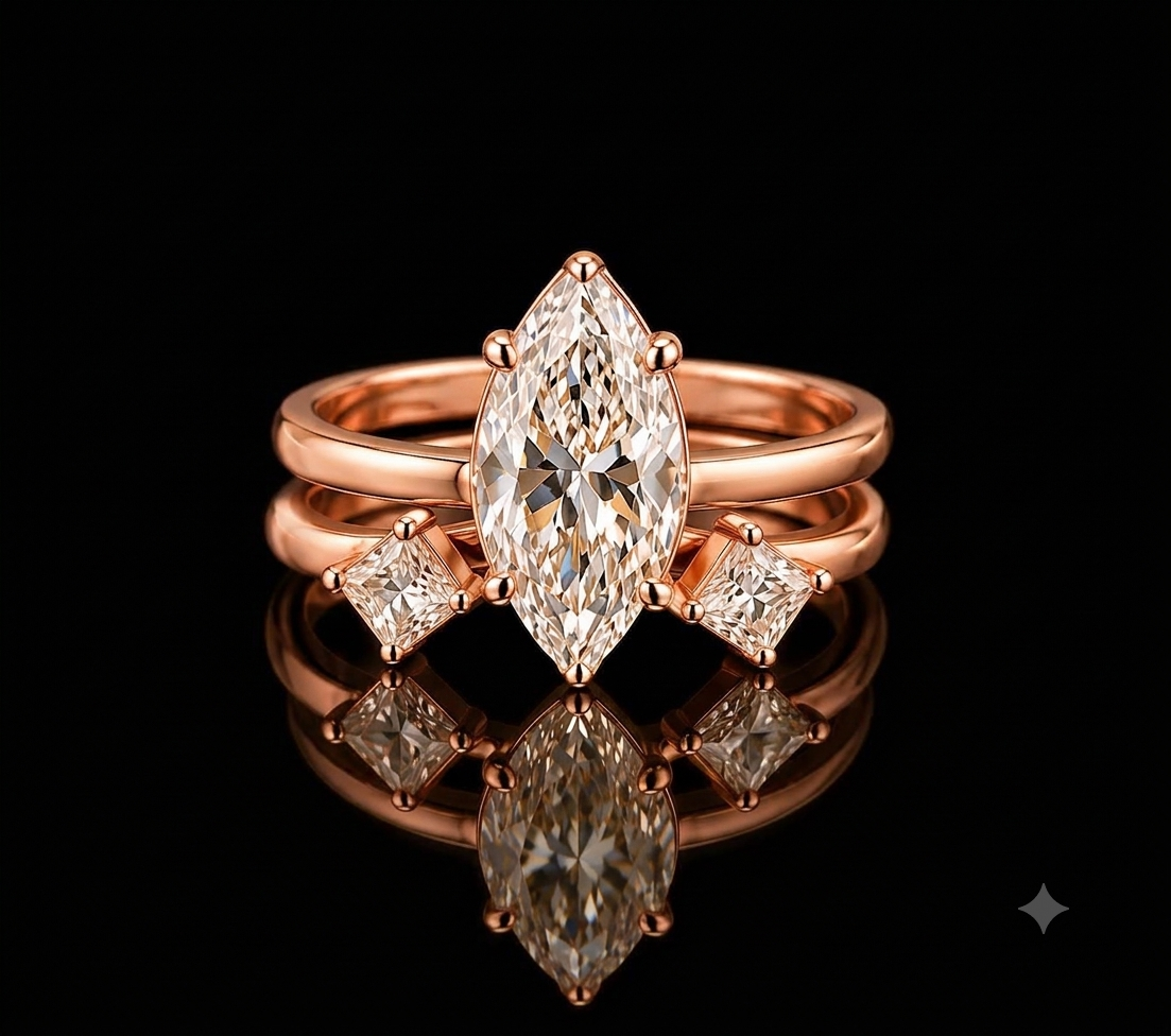 A striking combination of bold geometry and modern elegance. This two-piece ring set features a brilliant Marquise-cut solitaire solitaire paired with an open-cuff companion band set with Kite-cut accent stones, all finished in rich rose gold.