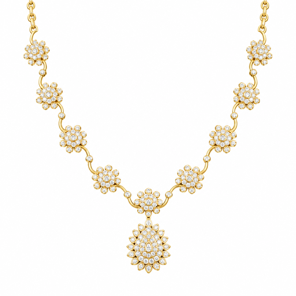 Rose gold South Indian diamond haram necklace with floral vine links and a teardrop pendant on black background.