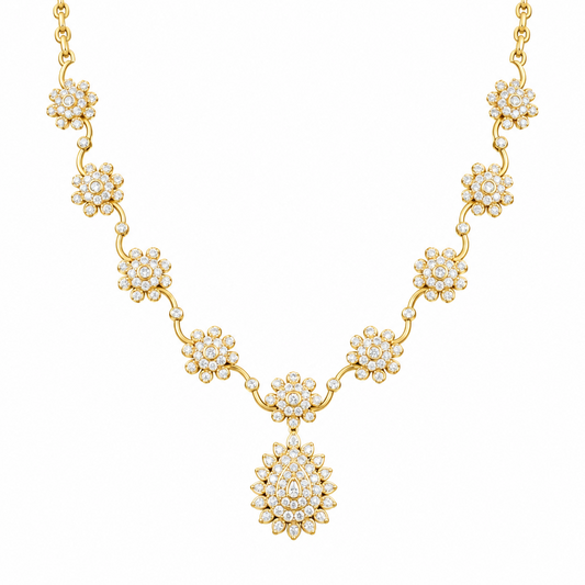 Rose gold South Indian diamond haram necklace with floral vine links and a teardrop pendant on black background.