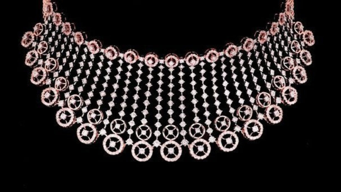 Modern Indian bridal rose gold diamond choker set with tiered diamond strands and geometric circular accents on a dark background.